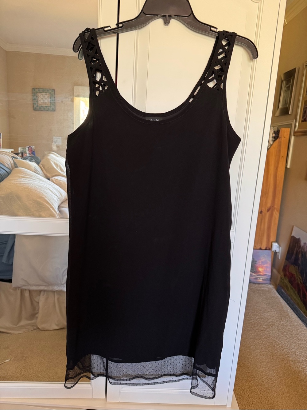 Black Sleeveless Mesh-Hem Slip Dress